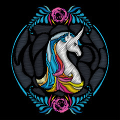 Vector round composition with embroidery mythological white horse Unicorn isolated on black background. Ornate embroidered fantasy Unicorn and flowers for clothing decor, fabric and textile design.