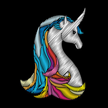 Vector composition with embroidery mythological white horse Unicorn isolated on black background. Ornate embroidered fantasy Unicorn for clothing decor, fabric and textile design.