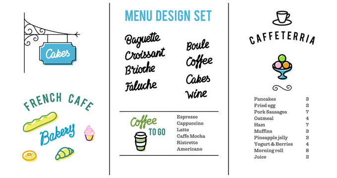 Set of design elements for european cafe-bakery menu. Wrought iron sign, handwritten menu items, food icons, coffee to go. Brioche, faluche, boule are names for french bread.