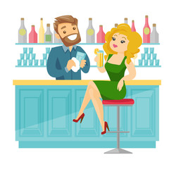 Caucasian white woman sitting at the bar counter and bartender wiping a glass. Young woman relaxing in the bar with a glass of alcohol drink. Vector cartoon illustration isolated on white background.