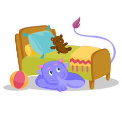 Cute purple monster with tail hiding under the bed and putting finger up to his lips. Monster showing silence sign under the bed of a child. Vector cartoon illustration isolated on white background.