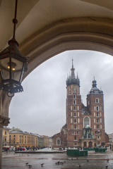 Fototapeta na wymiar Market square with st Mary cathedral in Krakow, Poland