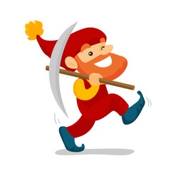 Cute senior dwarf in a red overall and hat walking with a pickaxe. Happy dwarf miner with beard holding a mattock. Vector cartoon illustration isolated on white background. Square layout.
