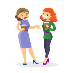 Two young caucasian white business women drinking coffee. Joyful smiling female colleagues with takeaway coffee talking. Vector cartoon illustration isolated on white background. Square layout.