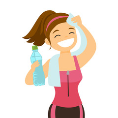 Young caucasian white sporty woman drinking water and wiping sweat with a towel after workout. Healthy lifestyle concept. Vector cartoon illustration isolated on white background. Square layout.