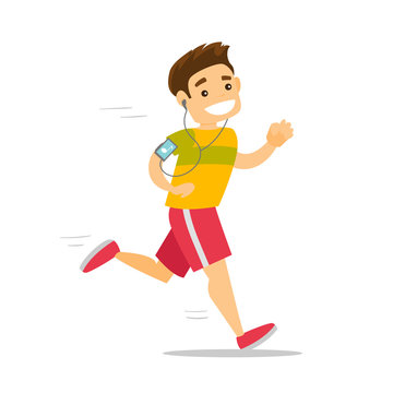 Young caucasian white man running with earphones and armband for smartphone. Man using phone with armband to listen to music during jogging. Vector cartoon illustration isolated on white background.