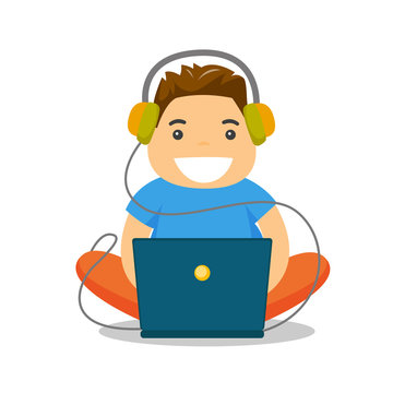 Young caucasian white fat boy in headphones playing video games on laptop. Obese teenage boy surfing on internet on computer. Vector cartoon illustration isolated on white background. Square layout.