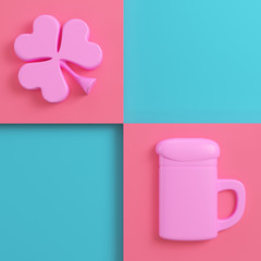 Clover and beer mug on bright red blue background in pastel colors