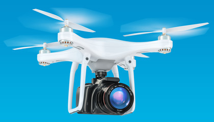 Drone with camera in the blue sky, 3D rendering