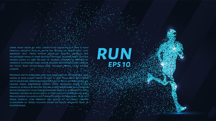 Fototapeta na wymiar Run out of particles. The runner consists of dots and circles. Blue runner on a dark background.