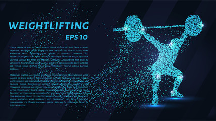 Weightlifter of the particles. The weightlifter consists of dots and circles. Blue weightlifter on dark background. - obrazy, fototapety, plakaty