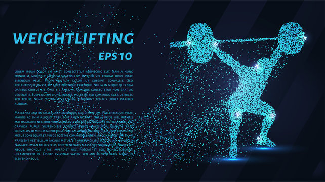 Weightlifter of the particles. The weightlifter consists of dots and circles. Blue weightlifter on dark background.
