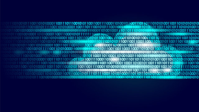 Cloud computing online storage binary code numbers. Big data information future modern internet business technology. Blue glowing global file exchange available background vector illustration