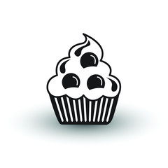 cute cup cake dessert icon black and white vector with shadow, symbol of party, celebration, bakery or sweet food