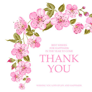 Invitation text card with Thank You sign. Pink flowers garland at the top of holiday card isolated over white background and text place.