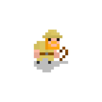 Pixel character archaeologist with a whip for games and web sites