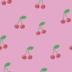 Red cherry berries with green leaves on a pink background seamle