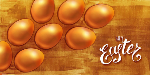 Golden easter eggs on textured painted background with text greetings. Happy Ester banner. Luxury design