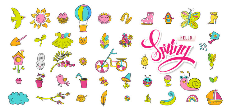Hand drawn vector set with cute spring doodle elements. Illustration with birds, flowers, bicycle and assesories in doodle style. Hello Spring. Design for prints, scrap booking. Vector illustration