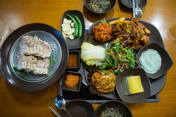 set of korea food in korea restaurant.