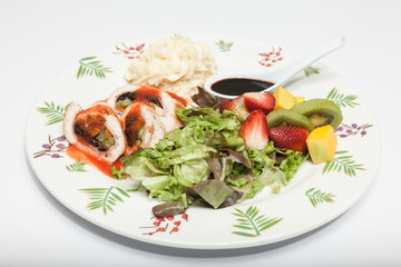 healthy food, balanced lunch protein, salad and arina