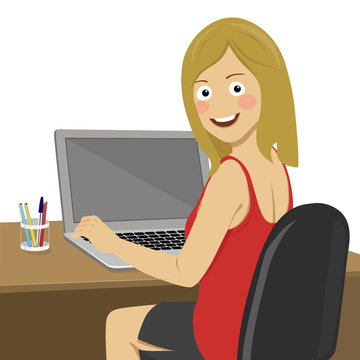 Young Happy Woman Sitting At The Desk With Laptop Looking Over Shoulder