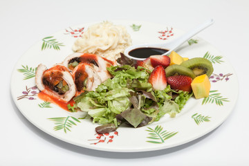 healthy food, balanced lunch protein, salad and arina