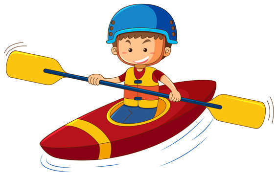 Boy wearing lifejacket and helmet in canoe