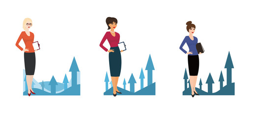 Set of character business woman on background of growing up 
charts.