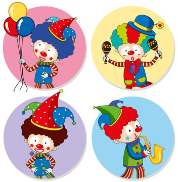 Four sticker template with clowns and balloons