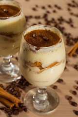 Delicious tiramisu with coffee bean and cinnamon