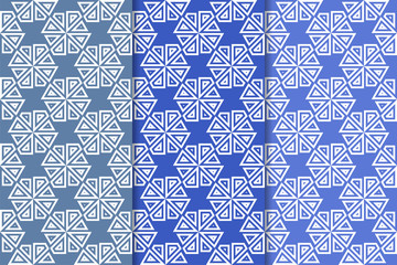 Blue geometric ornaments. Set of seamless patterns