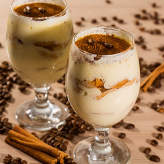 Delicious tiramisu with coffee bean and cinnamon