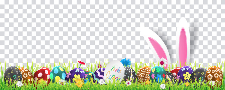 Bunte Ostereier. Frohe Ostern. Happy easter image vector. Modern happy Easter background with colorful eggs, bunny, rubbit, and spring flower. Template Easter greeting card, vector.