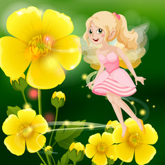 Obraz na płótnie Canvas Cute fairy in pink dress flying in flower garden