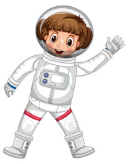 Girl in astronaut outfit waving hand