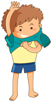 boy putting on teal shirt clip art preview