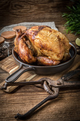 Roasted chicken on plate.
