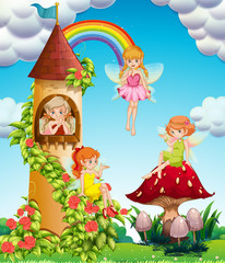 Four fairies flying in garden at day time