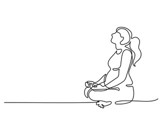Continuous line drawing. Happy pregnant woman making yoga exercise, silhouette picture. Vector illustration