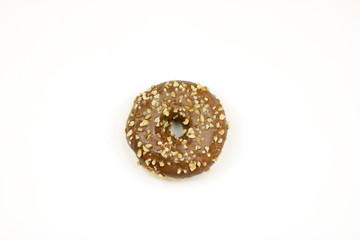 chocolate donut with nuts isolated on white background