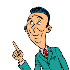 attentive interested curious businessman points finger gesture