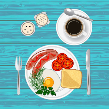 Breakfast with fried egg, sausages, toast and coffee. Top view. Vector illustration.