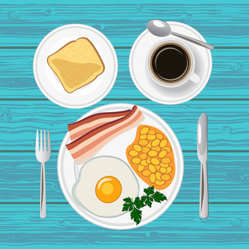 Traditional breakfast with fried egg, bacon, beans, toast and  coffee. Top view. Vector illustration.