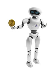 Robot holding Bitcoin. Isolate on white. Crypto Currency.