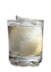 Glass jars with whiskey and ice on white background