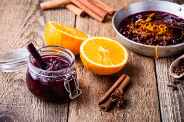 Cranberry sauce in rustic skillet