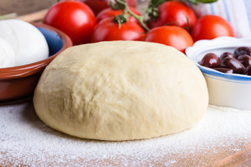 Making pizza. Pizza dough with ingredients