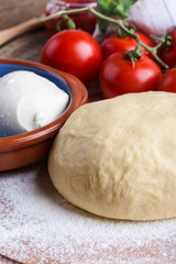 Making pizza. Pizza dough with ingredients