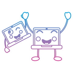 laptop computer kawaii character device vector illustration color line design